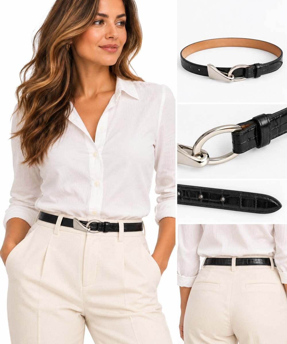 Talbots Women's Black Croc Embossed Leather Belt Silver Buckle Classic M-L